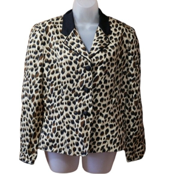 Adrianna Papell Safe Silk Leopard Print Vintage 3 Button Animal Print Blazer 10 - Picture 1 of 10
